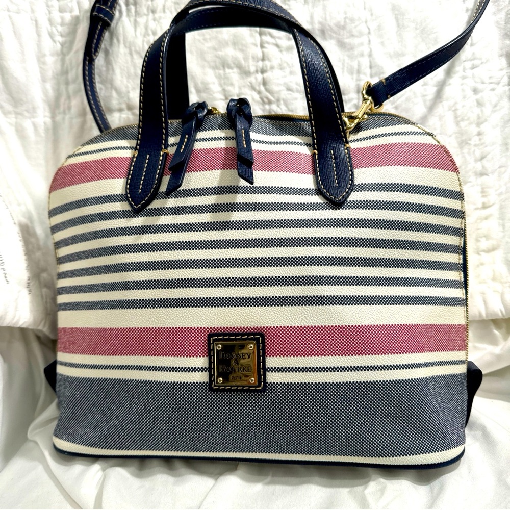 Dooney & Bourke Zip Zip Satchel coated Canvas White w/Blue & Red Stripes